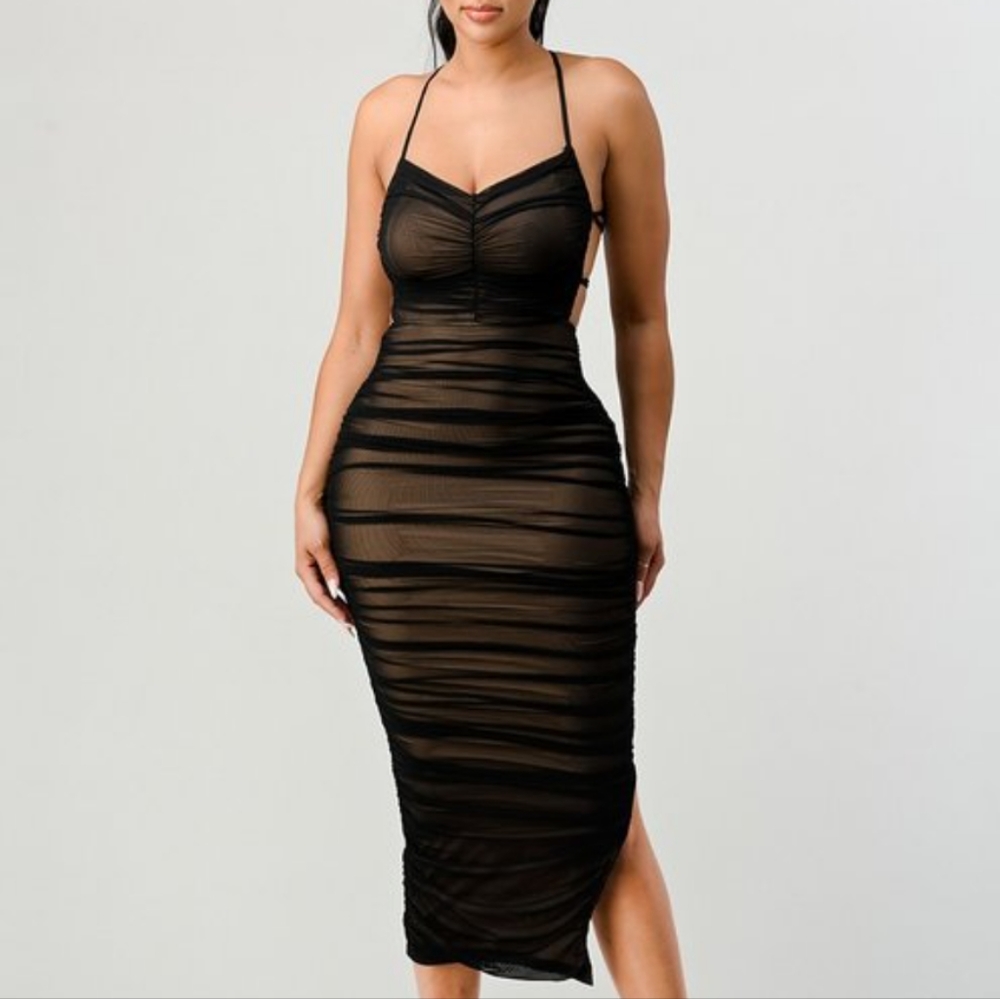 New, Mesh Ruched Maxi Dress in blk/nude with a drawstring lace-up back.